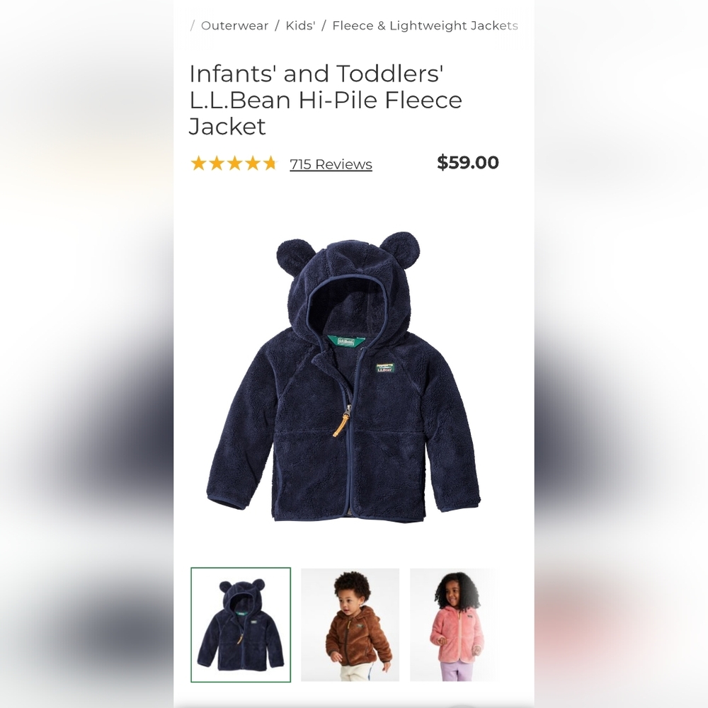 Toddlers' L.L.Bean Hi-Pile Fleece Jacket in Navy 2T